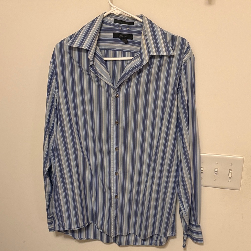 Express Men's Striped Button-Down Shirt in Blue and White